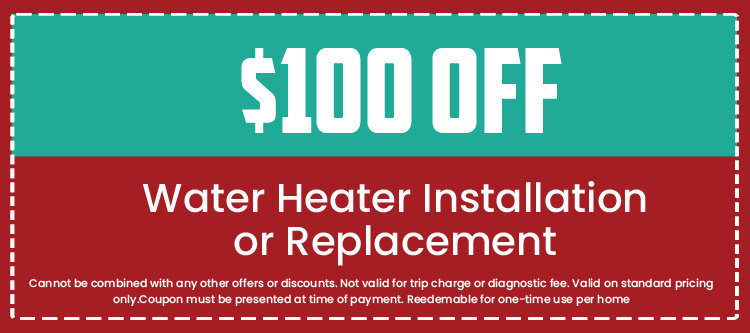$100 off coupon for water heater installation or replacement, promotional offer from Loyalty Plumbing, includes terms and conditions for use.