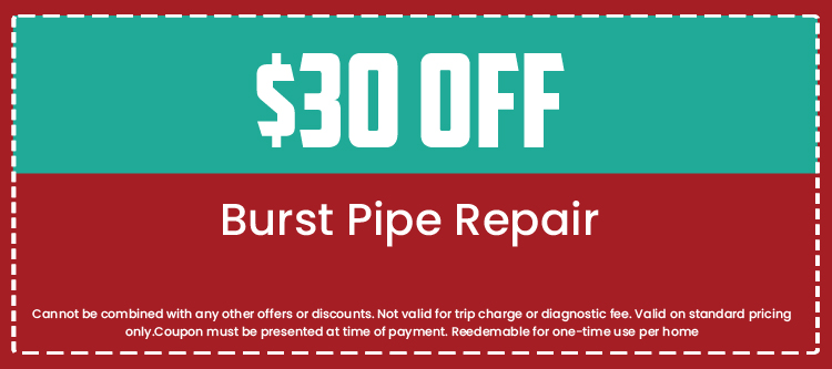 $30 off coupon for burst pipe repair from Loyalty Plumbing, includes terms and conditions for usage.