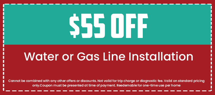 $55 off coupon for water or gas line installation from Loyalty Plumbing, featuring terms and conditions for use.