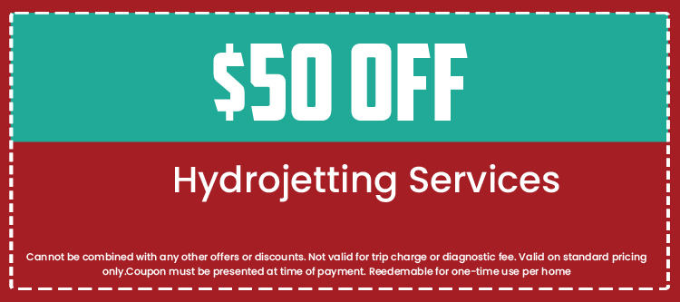 $50 off Hydrojetting services coupon from Loyalty Plumbing, featuring terms and conditions for use.