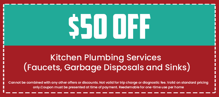 $50 off kitchen plumbing services coupon for faucets, garbage disposals, and sinks, with terms and conditions for use.
