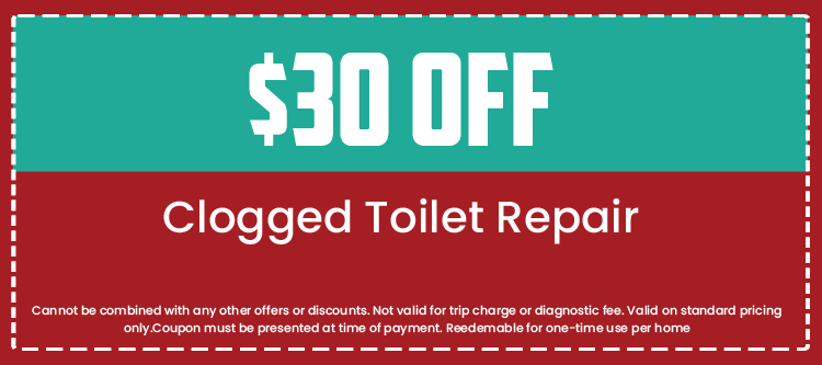 $30 off coupon for clogged toilet repair with terms and conditions for Loyalty Plumbing services.